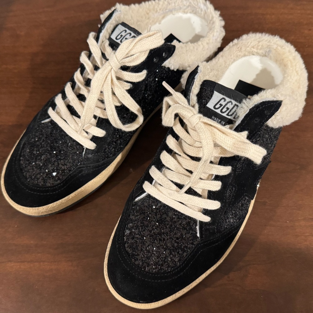 Golden Goose Ball Star Sabot mules size 39 black glitter with shearling lining - Picture 3 of 14
